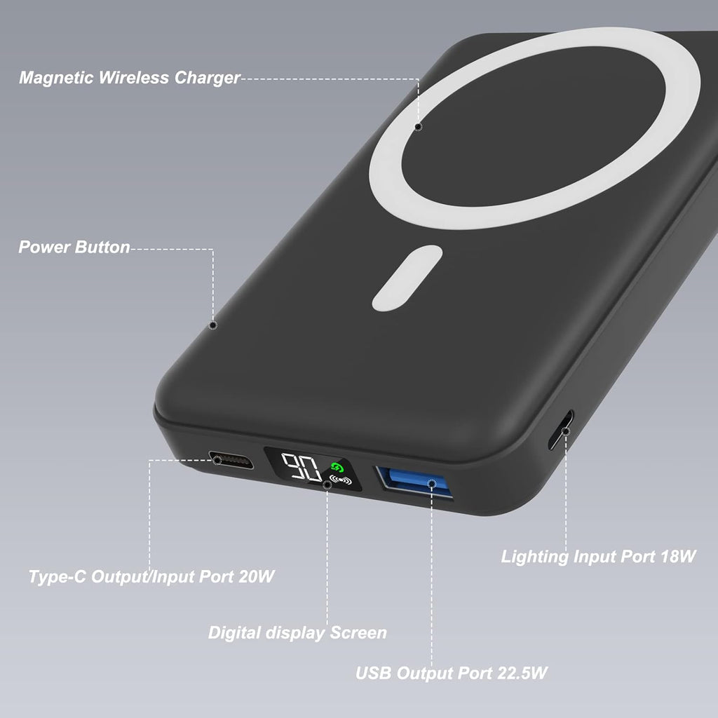 for Magsafe Power Bank, 10000Mah Foldable Wireless Portable Charger with LED Display, 3 in 1 Magnetic Battery Pack with 22.5W Fast Charging for Iphone 17/16/15/14/13/12 Pro/Pro Max/Plus/Mini